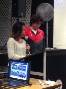 Emcees and seniors Khailie Parinas and Tyler Kaanapu welcome families to the annual AVID Parent Night.
