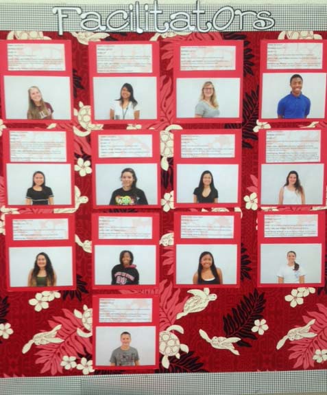 Fourteen student facilitators introduce new students to the school and community. In order to become a Transition Center facilitator, the student submits an application, passes an interview, and undergoes training.