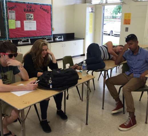 Seniors Ronan McElveny, Emma Winters, Katie Hearther, and Maximillion Philson pose as victims of senioritis. Senioritis is an affliction that seniors experience when they are ready to graduate, and have no motivation to do their best when completing assignments. “Seniors can get lazy, but they can’t just slack off,” Bryce Edmonson (12) said. “They’ll fail.”