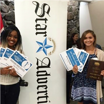 Radford’s school publication The RamPage competed in the annual Hawaii High School Journalism Awards competition. Co-editor Alexa Conrad (11) was recognized as the staff’s Most Valuable Staffer. She, along with co-editor Adaliah Collins (11) represented the newspaper staff, leaving the competition with 14 awards. “It feels amazing to win something considering we only had six staff members to do it,” Collins said. (Photo by Mary Ann Kurose)
