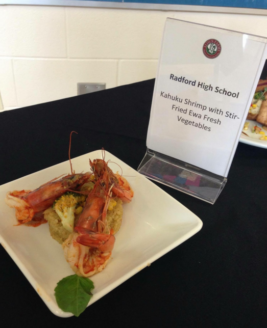 Kahuku Shrimp with fresh ewa vegetables on a bed of quinoa with bell pepper and carrots, prepared by Evan Collins (11) and Jeremiah Joswick (11).
