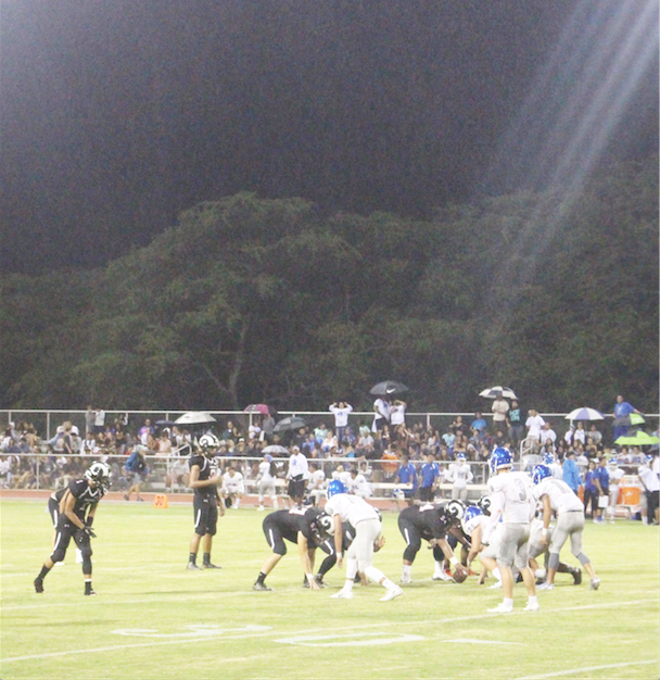 Radford Rams went up against Moanalua Menehunes for the school’s Homecoming football game. Despite the team’s losses, Defensive Back/Wide Receiver Jonah Soakai (12)said that he keeps his teammates going by telling them to stay positive, and cheering them on to keep their momentum going. “Our slogan this year is about family,” he said. Photo by Alexa Conrad