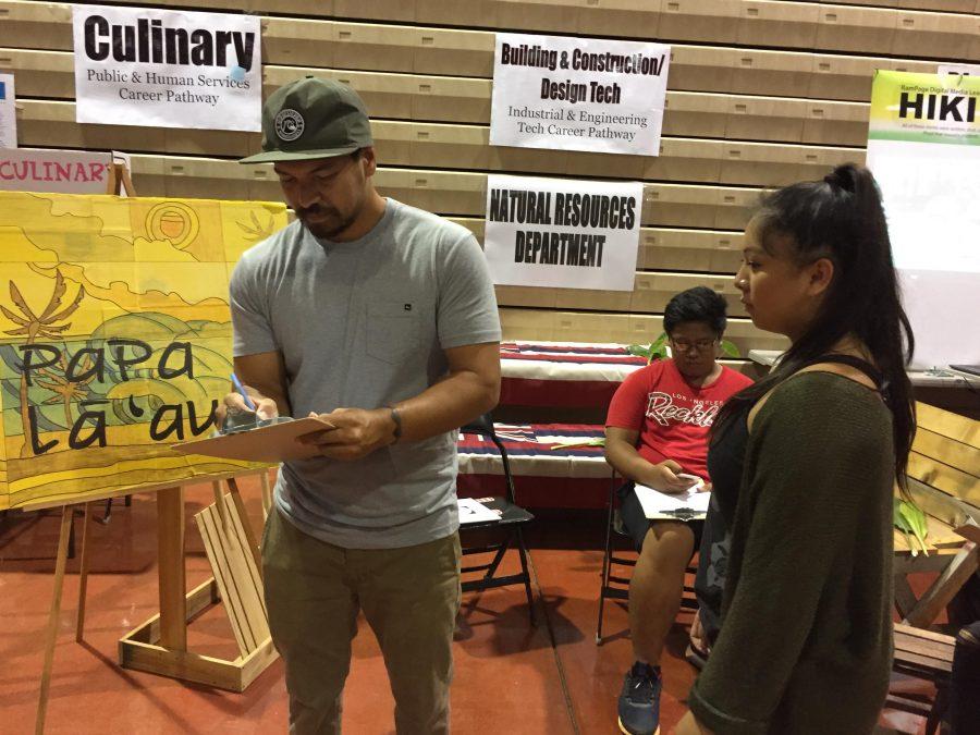 Career Technical Education teacher Kapuni Patcho distributes registration stickers for his Papa La’au course at Project ARIES’ Curriculum Fair. Over 20 departments and programs promoted their courses, and addressed students and their parents’ questions at the evening fair. The fair is part of a two-week schoolwide event that also features a Career and College Fair for students