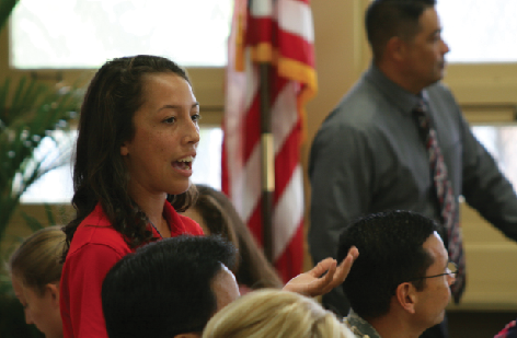 Transition Center student facilitator Fallon Villarreal (12) lead a session on improving the center at a recent MYAC meeting.