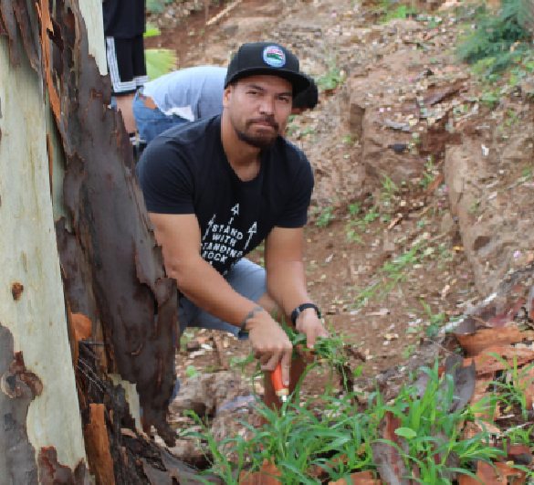 Career Technical 
Education teacher Kapuni Patcho works alongside his Papa La’au students on a designated Malama Aina day where his students are required to clean up the land. Together, they removed weeds, cut and trimmed grass, and cleared out dead leaves on a designated area on campus. Patcho was 
nominated and voted by his colleagues for this year’s Radford Teacher of the Year award. “I believe we have some incredible teachers and we all deserve this award,” he said. Photo by Gabriel Rodriguez