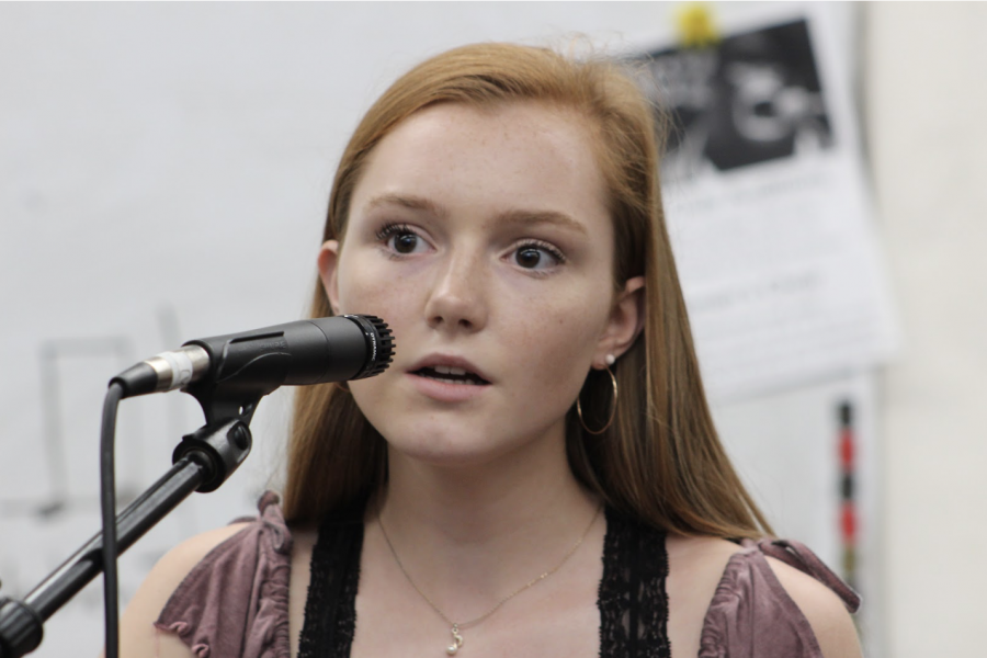 Mackenzie Long (10) sings “I Could Use a Love Song” by Maren Morris at the weekly Open Mic in room 191. Long placed in the top 6 for Island Idol’s Silver Ticket Competition, where the winner gets one step closer to auditioning for American Idol. “I think what is unique about the way I sing my music is how I change it up and make it my own,” she said. Photo by Elaina Bolanos