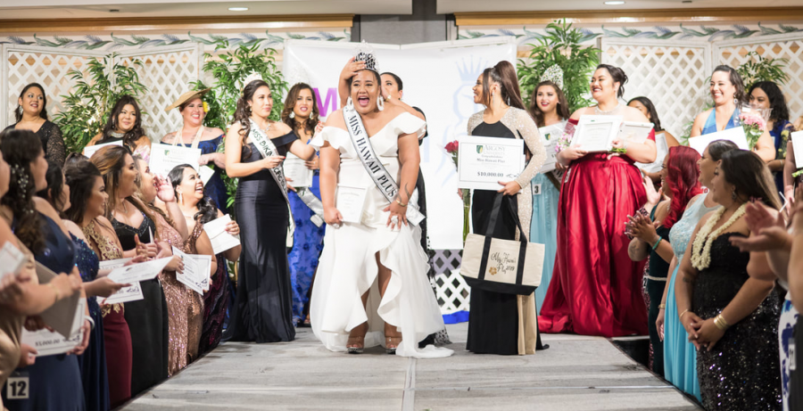 Sanoe Tuitele's shocked, yet thrilled expression after hearing that she was 2019 Miss Hawaii Plus. Photo Courtesy of Miss Hawaii Plus (website linked at bottom of page)