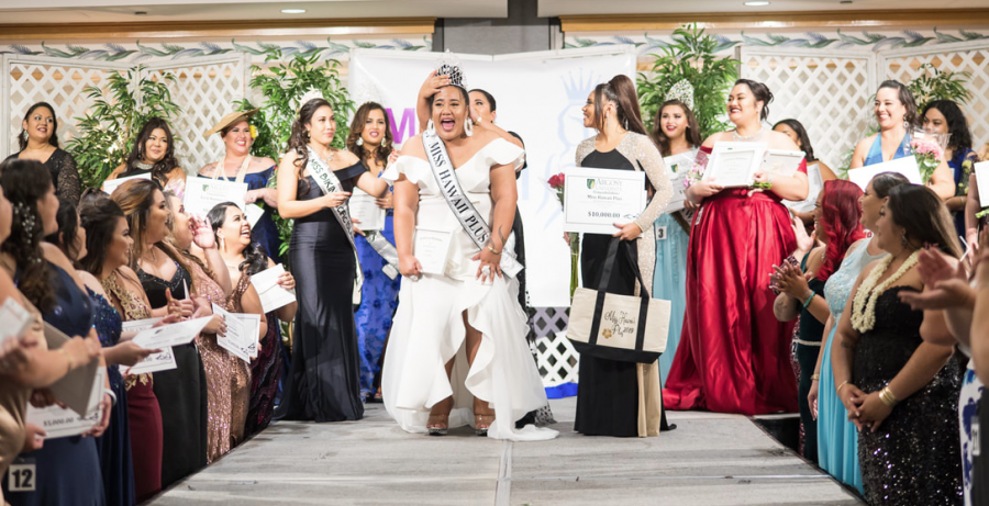 Sanoe Tuiteles shocked, yet thrilled expression after hearing that she was 2019 Miss Hawaii Plus. Photo Courtesy of Miss Hawaii Plus (website linked at bottom of page)