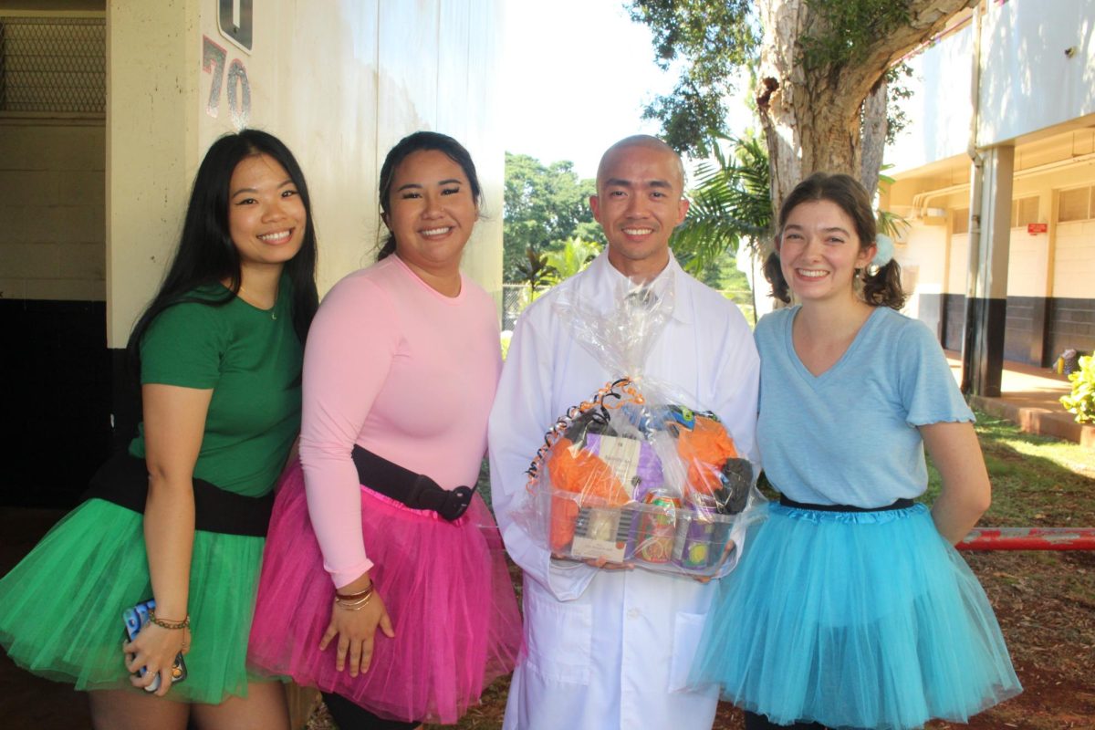 Teachers Karina Polo Lung, Tehani Ching, Troy Okamoto, and Brittney Honda split win for best teacher costume dressed as The Power Puff Girls and Professor Utonium.