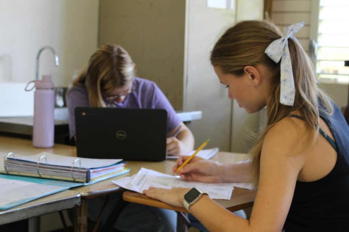 Freshmen Serenity  Petitt and Finley Padden study.