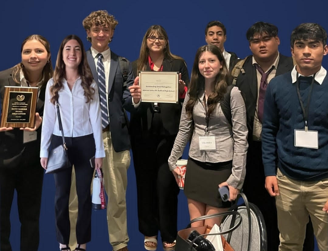 Radford students that attended the PacMUN XIV conference (left to right): Mallory Cochran, Kelsyn Stefanik, John English, Olivia Killian, Emma McNaughton, Errali Perez, Gregory Cachero, and Juan Perez.